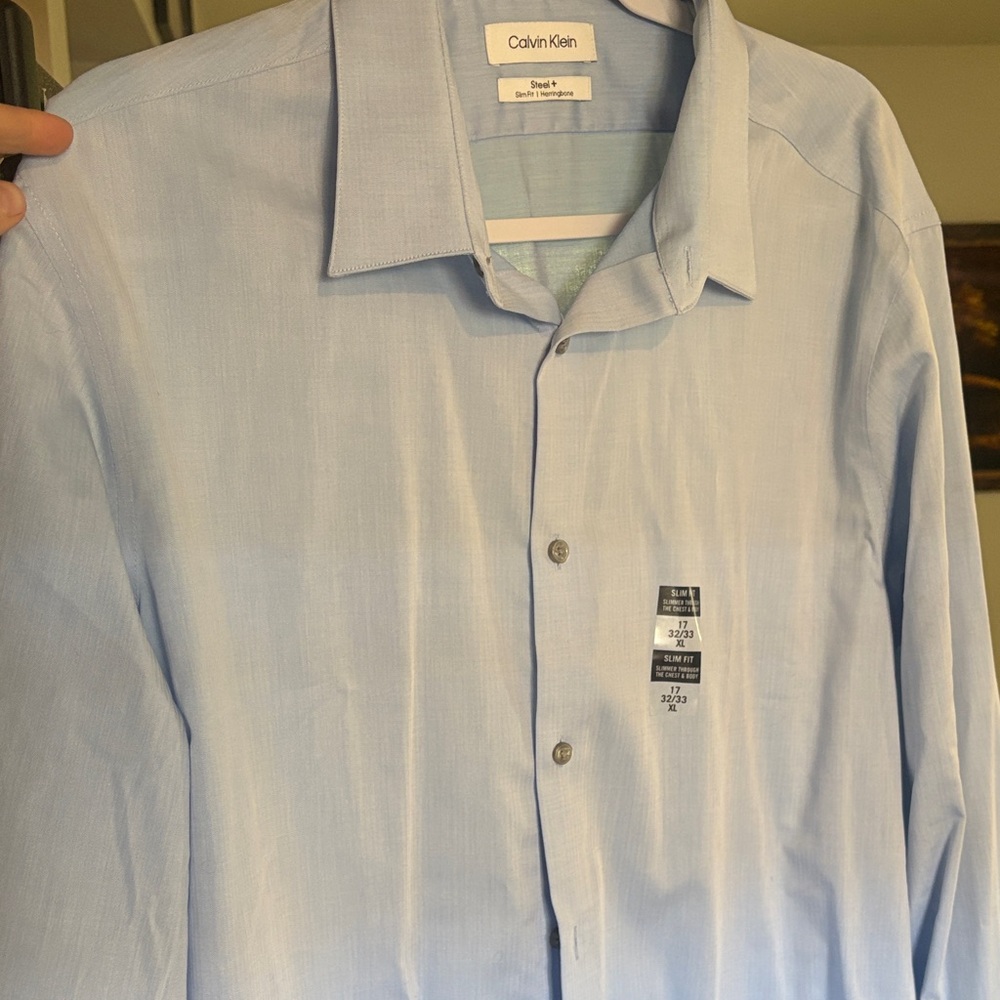Calvin Klein Men's Sky Blue Slim Fit Herringbone Dress Shirt